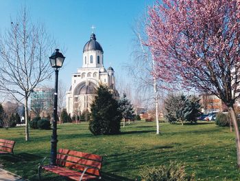 View of temple against building