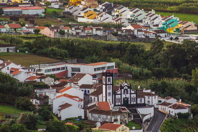 High angle view of houses in city