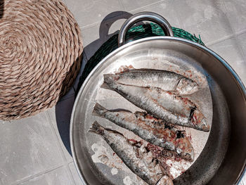 High angle view of fish in basket