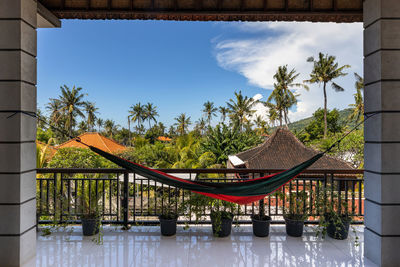 Hammock on the terrace of the house with cocnut palm trees view in amed, bali, indonesia