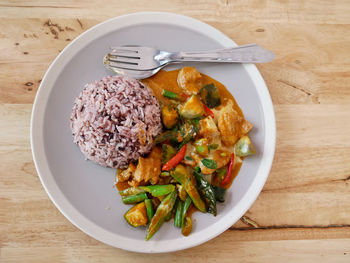 High angle view of food in plate on table