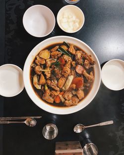 High angle view of food served on table