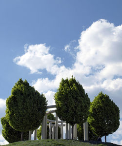 Low angle view of trees against cloudy sky