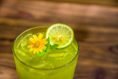 Close-up of drink in glass on table