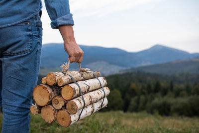 Man traveler hands holding firewood for fire in mountains. place for inscription