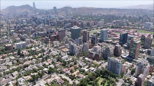 High angle view of modern buildings in city