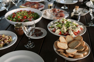 High angle view of food served on table