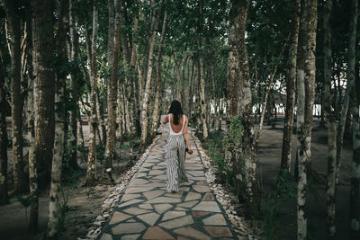 Rear view of woman standing amidst trees in forest