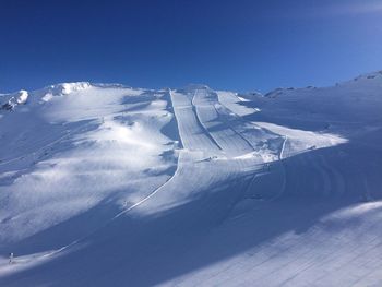 Aerial view of snow covered landscape against sky