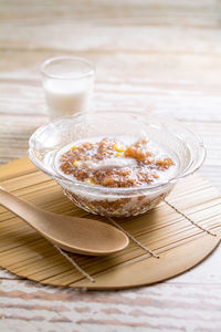 High angle view of ice cream in bowl on table