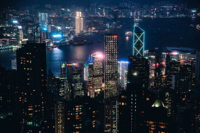 High angle view of illuminated buildings at night