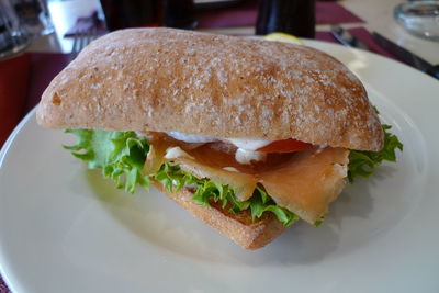 Close-up of sandwich on plate in restaurant