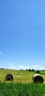 Hay bales on field against blue sky