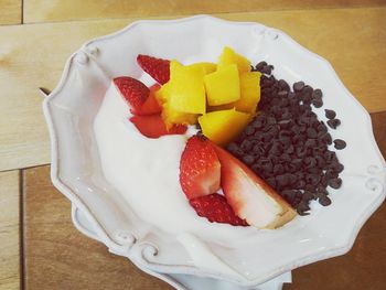 High angle view of dessert on table