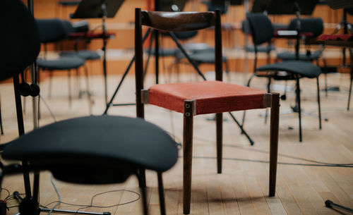 Close-up of chairs on hardwood floor