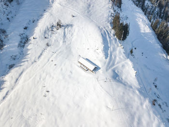 High angle view of snow covered field