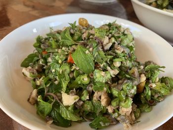 High angle view of salad in bowl on table