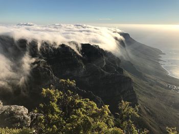 Scenic view of sea and mountains against sky