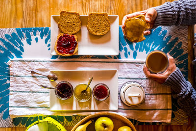 High angle view of breakfast served on table