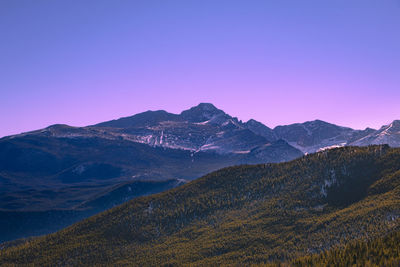 Scenic view of mountains against clear sky during sunset