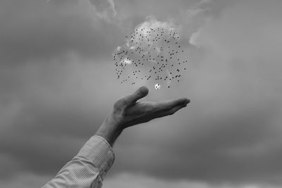 Optical illusion of hand holding flock of birds against sky