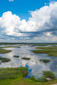 Scenic view of lake and pond against sky