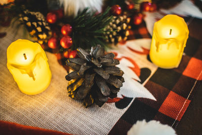 Close-up of christmas decorations on table