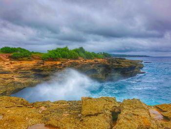 Scenic view of sea and rocks against sky