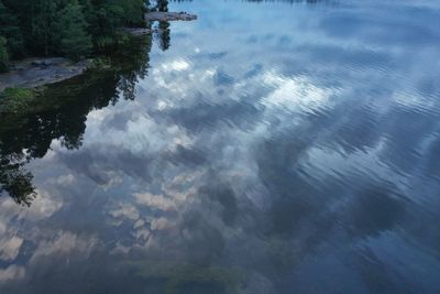 High angle view of reflection of clouds in lake