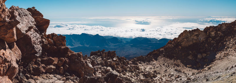 Panoramic view of snowcapped mountains against sky