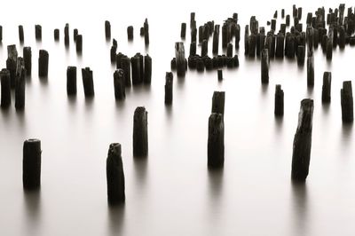 High angle view of wooden posts in river