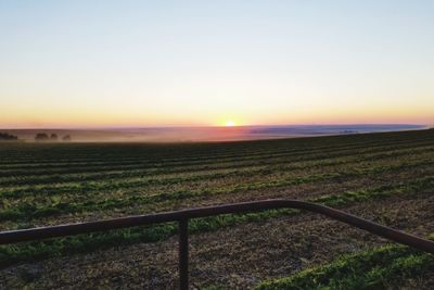 Scenic view of field against clear sky during sunset