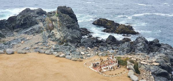 High angle view of rocks on beach