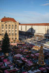 High angle view of buildings and street in city