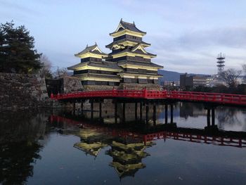 Reflection of pagoda in lake by building against sky