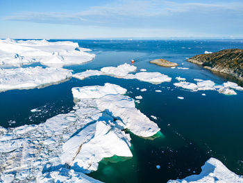 High angle view of frozen lake against sky