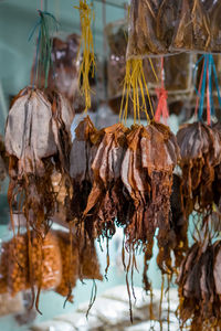 Dried fish tied into several bundles for sale, hanging from above, in a local market in sabah.