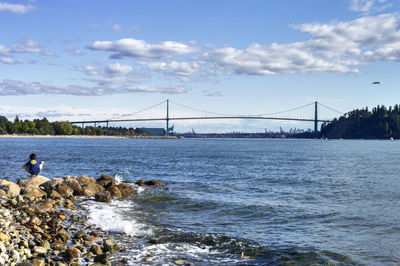 View of suspension bridge over river
