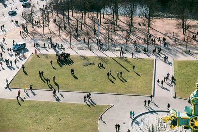 High angle view of people playing soccer field