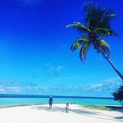 People on beach against blue sky