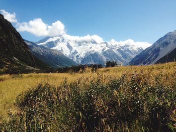 Countryside landscape against mountain range