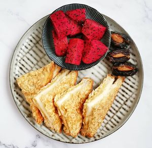 High angle view of dessert in plate on table