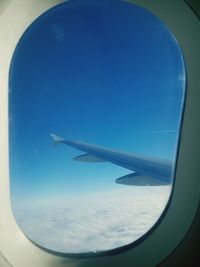 Close-up of airplane wing against clear blue sky