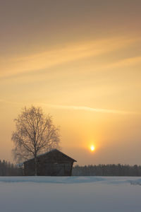 Snow covered landscape at sunset