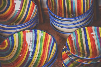 High angle view of colorful bowls on table