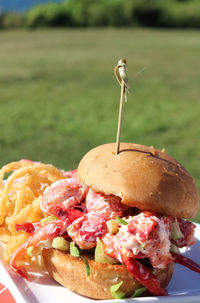 Close-up of burger served in plate