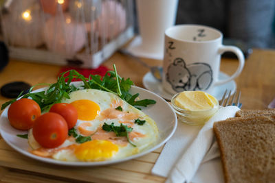 Close-up of breakfast served on table