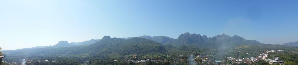 Panoramic view of mountains against clear sky