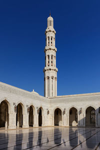 Low angle view of historic building against clear blue sky