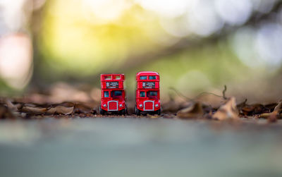 Close-up of toy car on stones